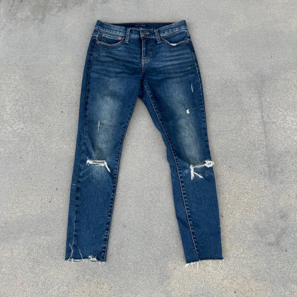 Lucky Brand Ava Mid Rise Skinny Jeans Distressed Raw Hem Blue Denim 8/29A‎
